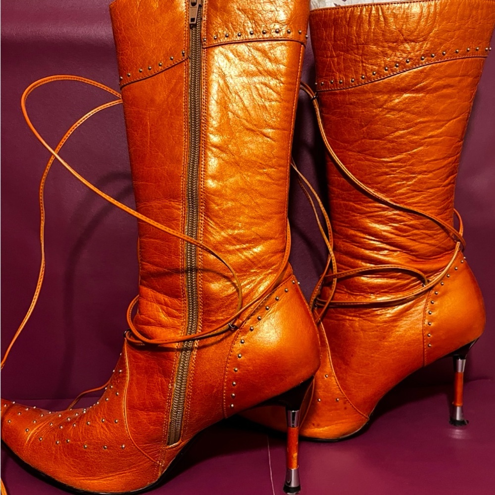 Orange Heeled Boots with Stiletto Heel and Laces